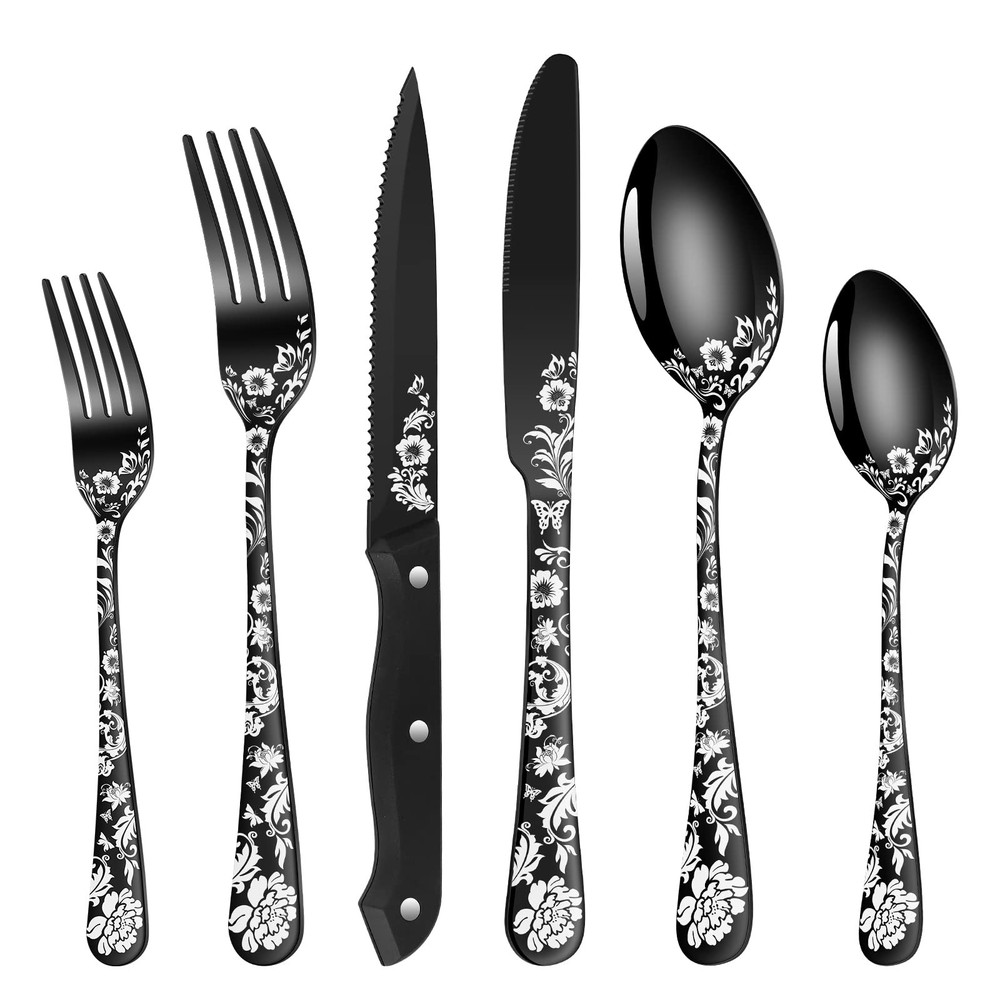 24-Piece Black Silverware Set with Steak Knife, Black Flatware Sets for 4, St...