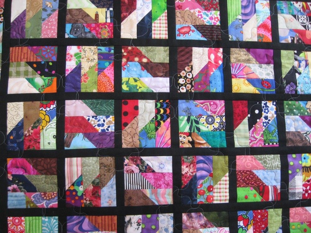 Quilted Table Topper, Scrappy Rectangles, Black Sashing
