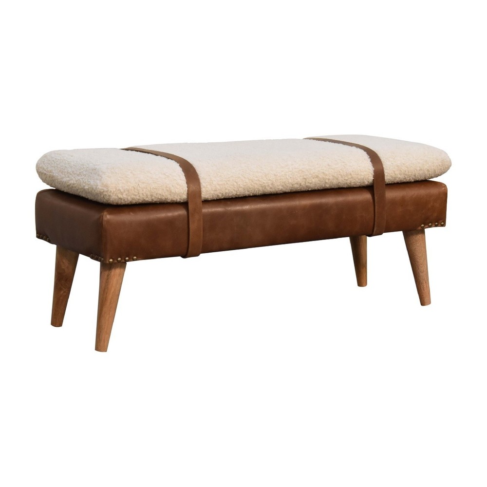 Boucle & Leather Accent Bench