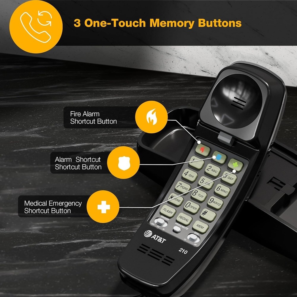 AT&T 210 Basic Trimline Corded Phone Single Line No AC Power Required Black