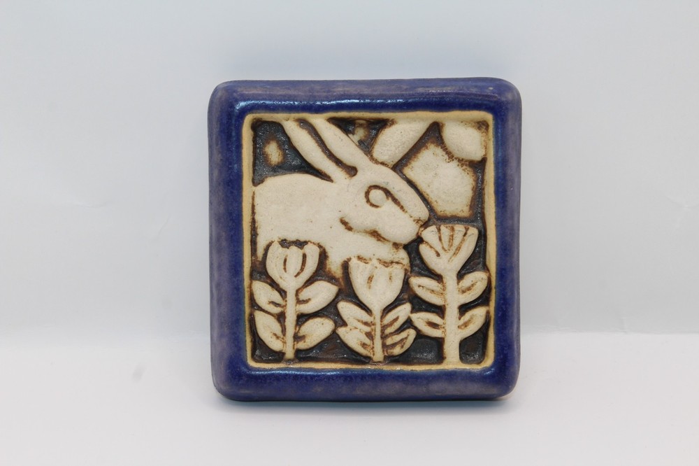 Carruth Studio Art Pottery Ceramic Mini Tile 1996 Rabbit Flowers Spring