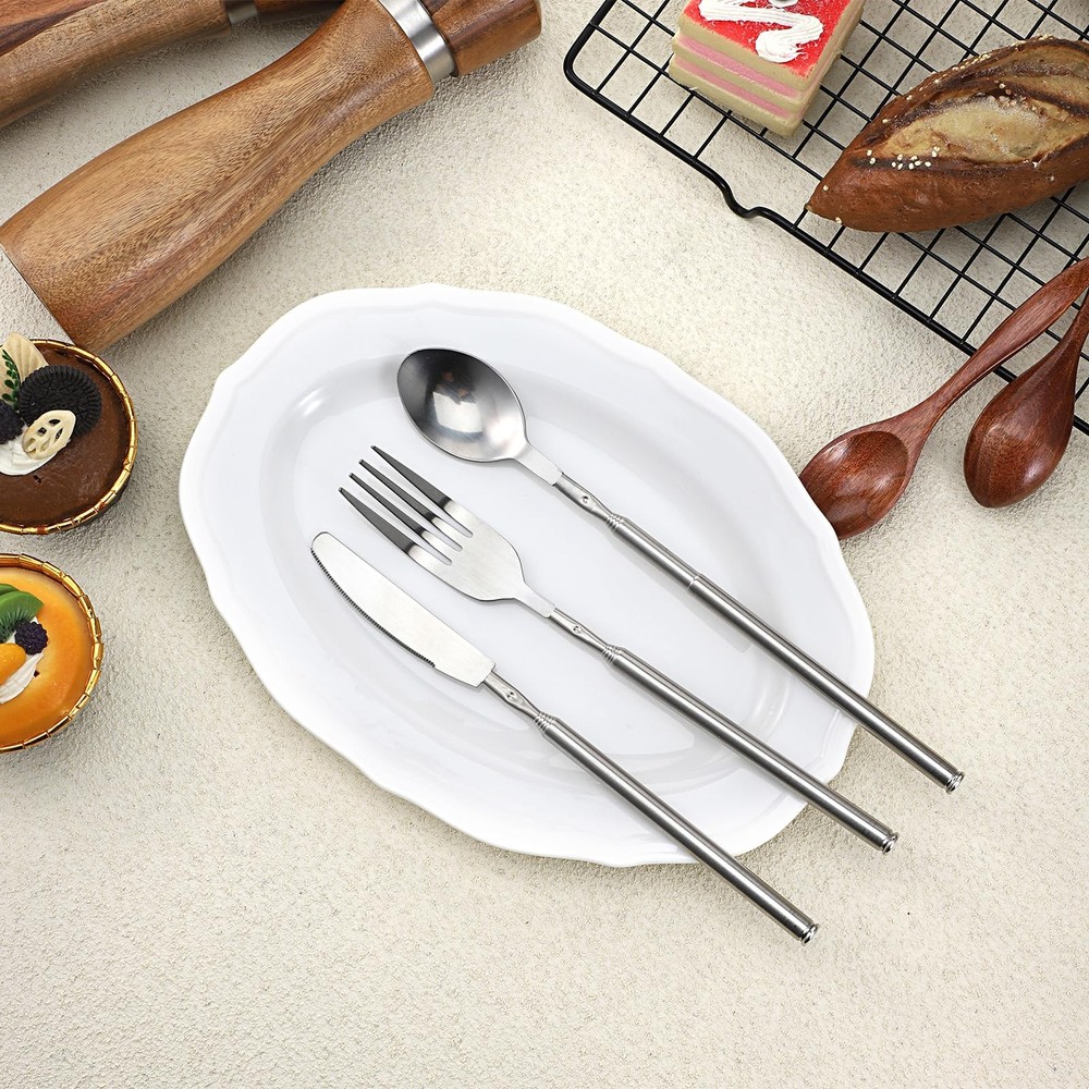 3 Pcs Extendable Fork, Knife and Spoon Set Stainless Steel Telescopic Tableware