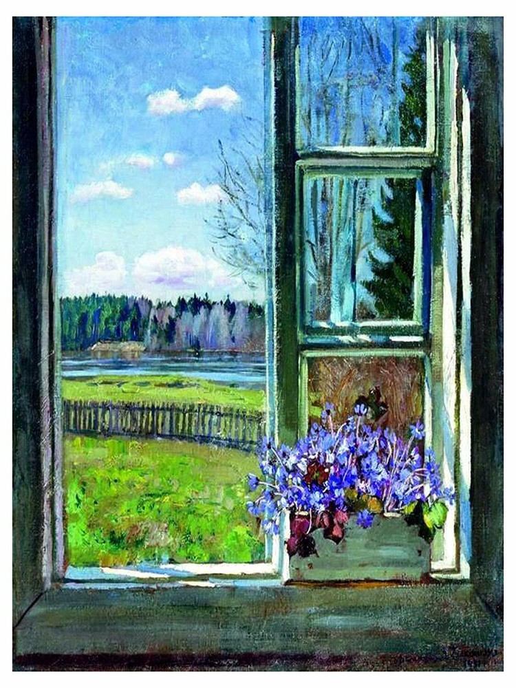 View from Window Flowers Violets Meadow Tile Mural Kitchen Backsplash Ceramic