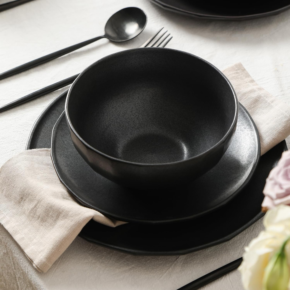 Rio 12-Piece Black Stoneware Dinnerware Set for Elegant Dining