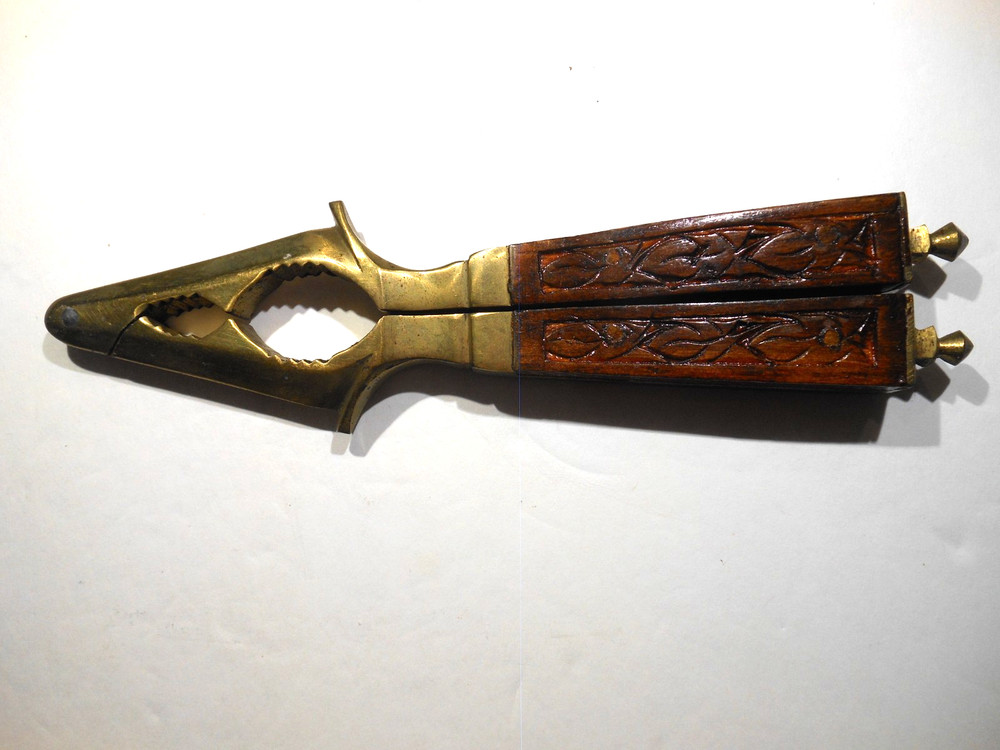 Vintage Brass Nutcracker  With Engraved Wood Handle 7" Long