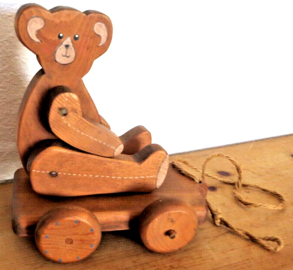 Vintage Jointed Wooden Bear Pull Toy ~ Wheels turn & pull string ~ Base Swivels
