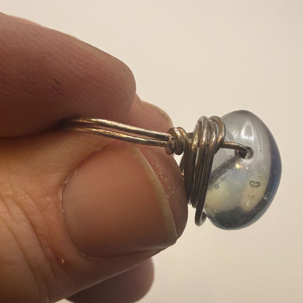 Handmade Wire Wrapped Ring Large Blue Glass Cabochon Artisan Statement Ring Size