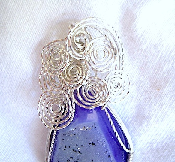 Wire Wrapped Sterling Silver Pendant Blue Druzy Agate Gemstone Cabochon