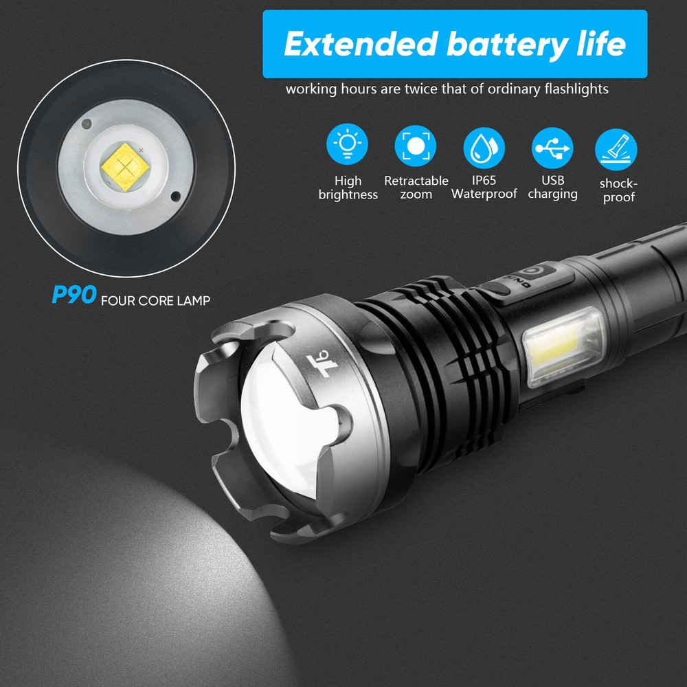 Super Bright XHP90 LED+COB Tactical Flashlight Rechargeable USB Zoom Torch Light