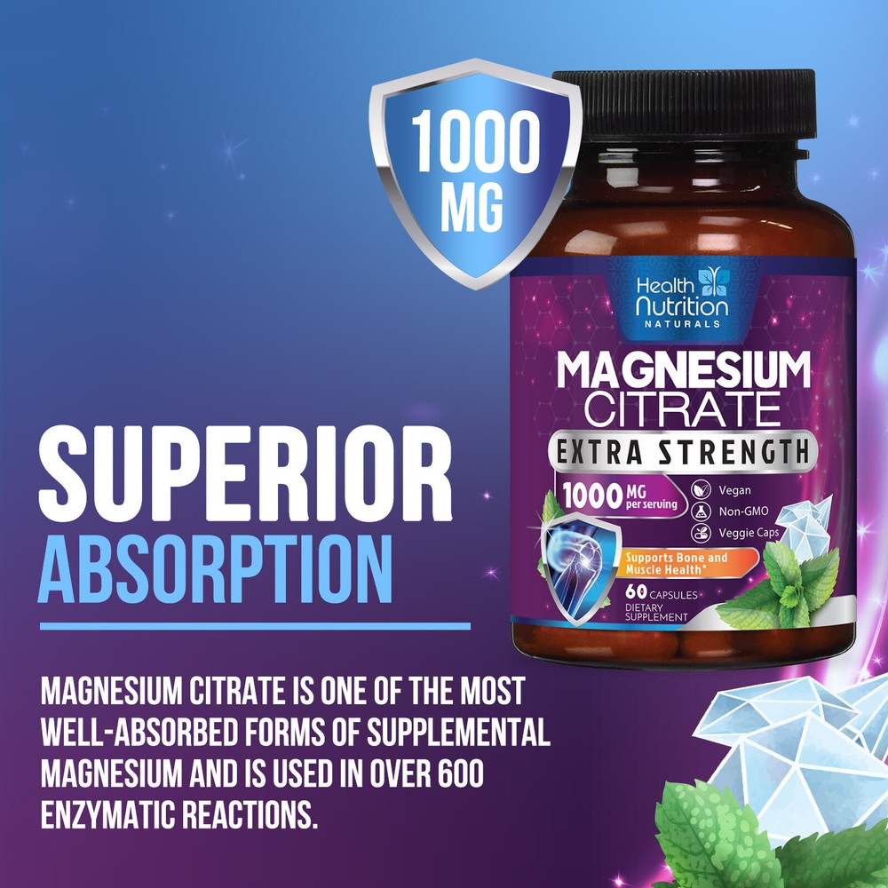 Magnesium Citrate Capsules 1000mg Per Serving - Highest Potency Capsules