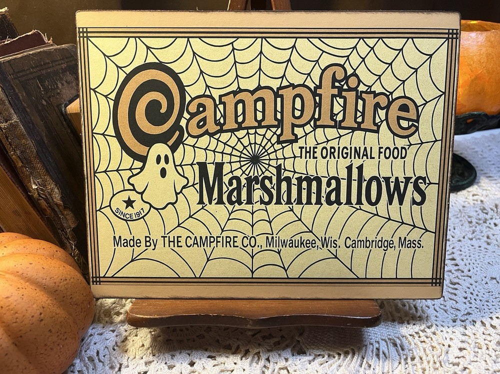 Campfire Marshmallow, RETRO, Halloween Ghost, Spider Web, Handcrafted Plaque