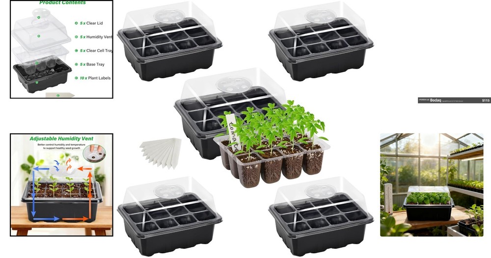 Complete Plant Starter Kit: 5 Seed Starter Trays with Drainage & Labels, Black