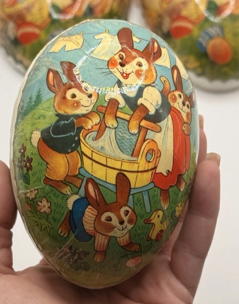 Vintage German Paper Mache Fillable Nesting Easter Eggs 7” & 4.5” Set