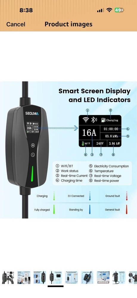 Level 1/2 EV Charger, 16Amp Adjustable Current Wi-Fi/App Control, UL