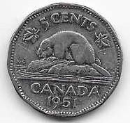 Canada 1951 5 cent  Nickel Circulated