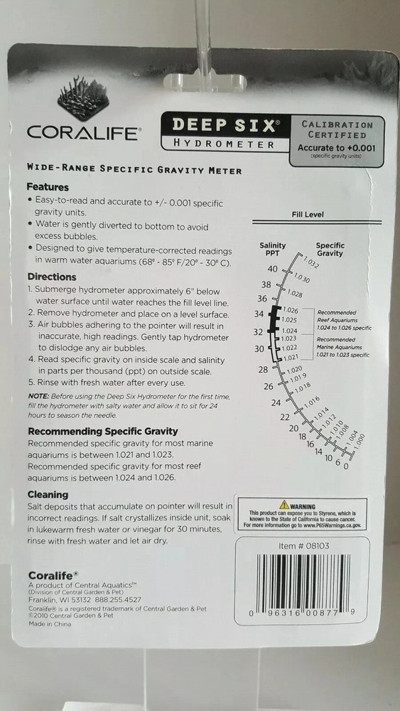 Coralife Deep Six Hyrometer, Wide-Range Specific Gravity Meter