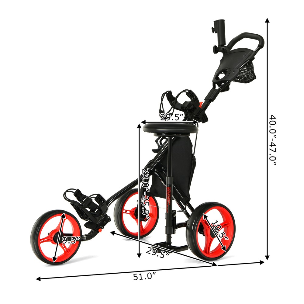 3-Wheel Foldable Golf Push Pull Cart Trolley w/ Seat Adjustable Handle Red