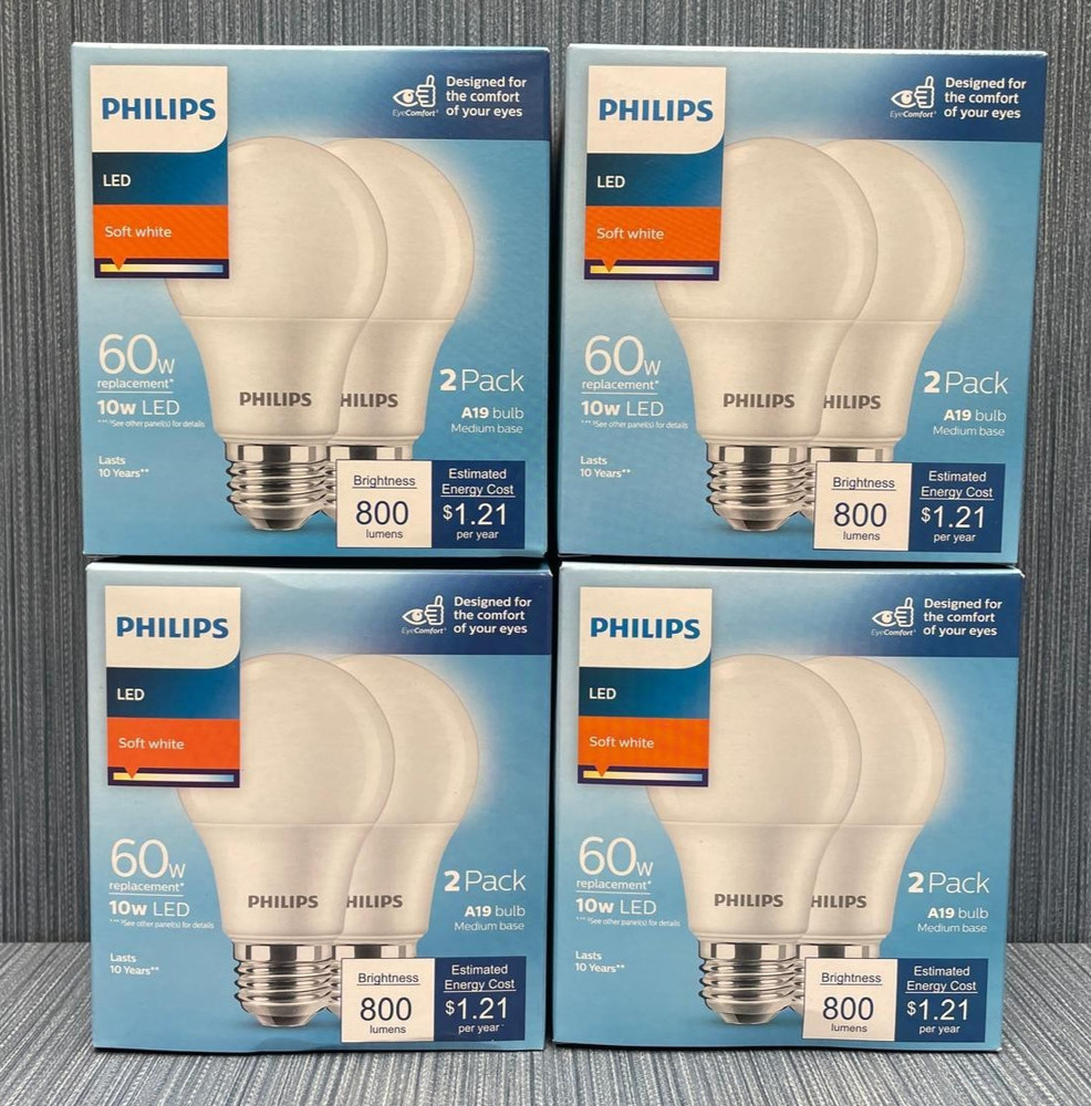 8 Pack x Philips LED Bulbs, A19 Medium Base, 10W (60W equivalent) Soft White
