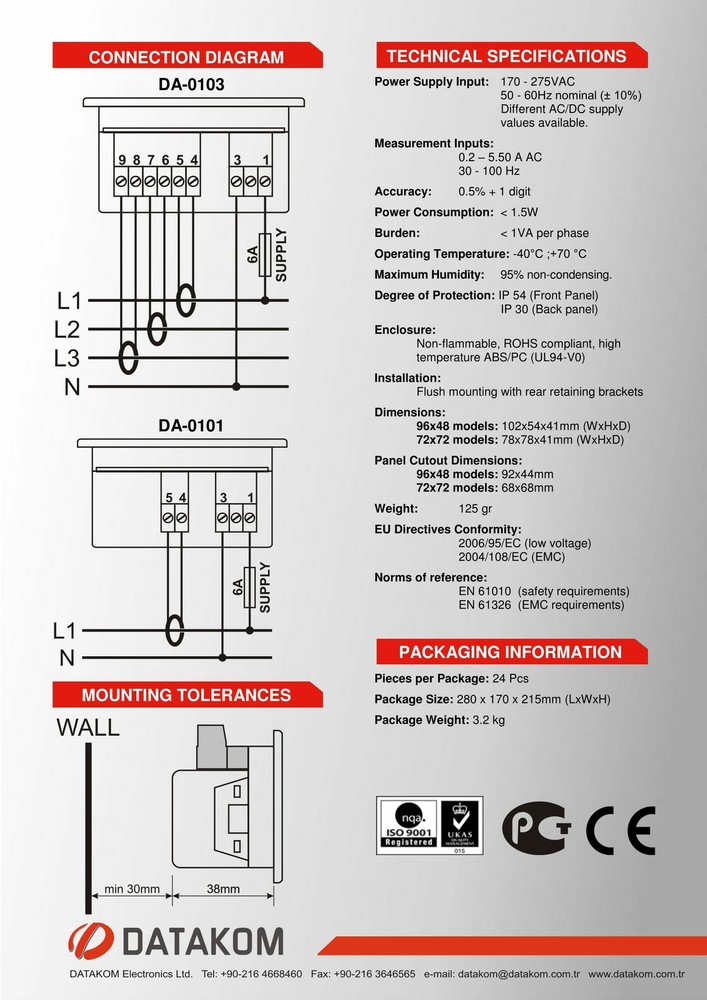 DATAKOM DA-0101 Digital Ammeter Panel (1 Phase)