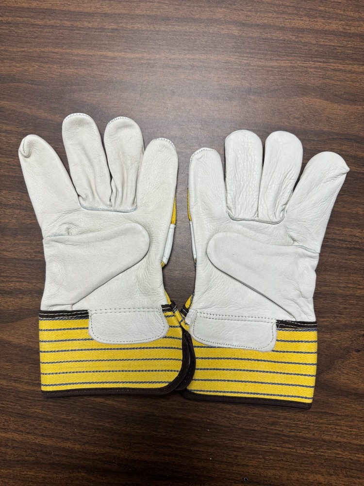 Men's Work Glove, Grain Leather Palm, Stripe Fabric Back, Large