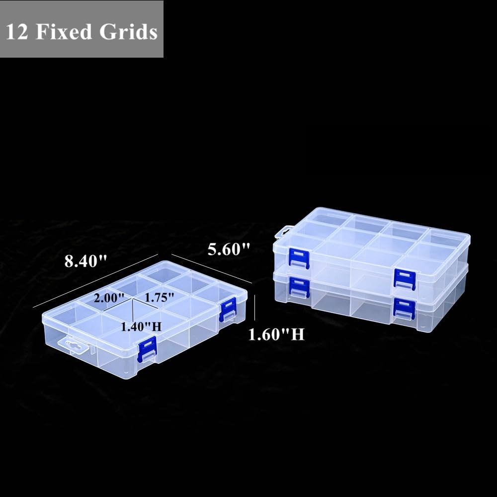 6 Pack Fixed 12 Grids Clear Plastic Storage Divider with Lid, Stackable Trans...
