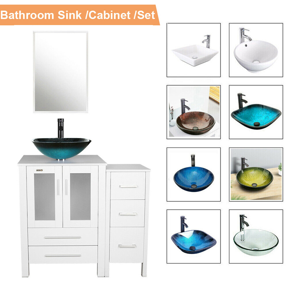 36" White Bathroom Vanity Side Cabinet Vessel Glass/Ceramic Sink No Mirror