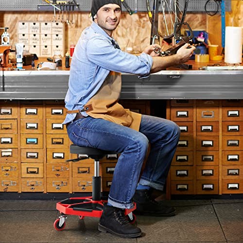 Rolling Garage Stool, 16”-22” Adjustable Mechanic Stool with Red & Black