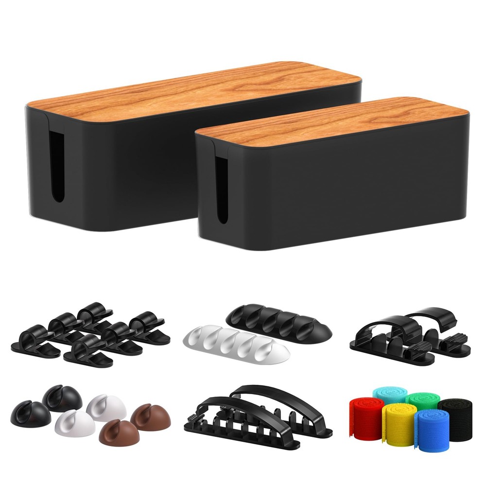 Cable Management Box 2 Pack with 16 Cable Clips Set-Large & Medium & Small Wo...