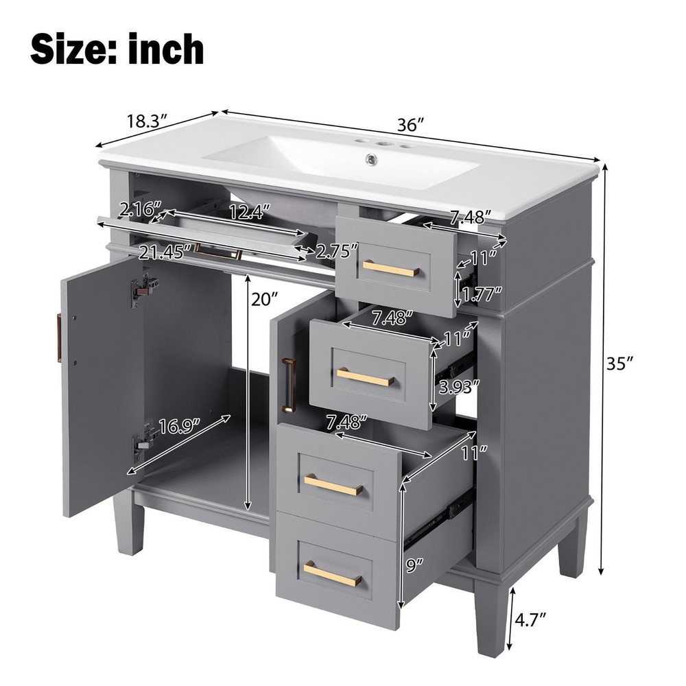 36" Gray Modern Bathroom Vanity with Ceramic Sink, Soft Close Doors, 4
