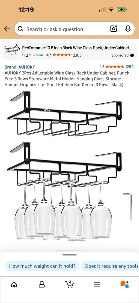 Wine Glass Rack 3 Row Adjustable 2 PCs