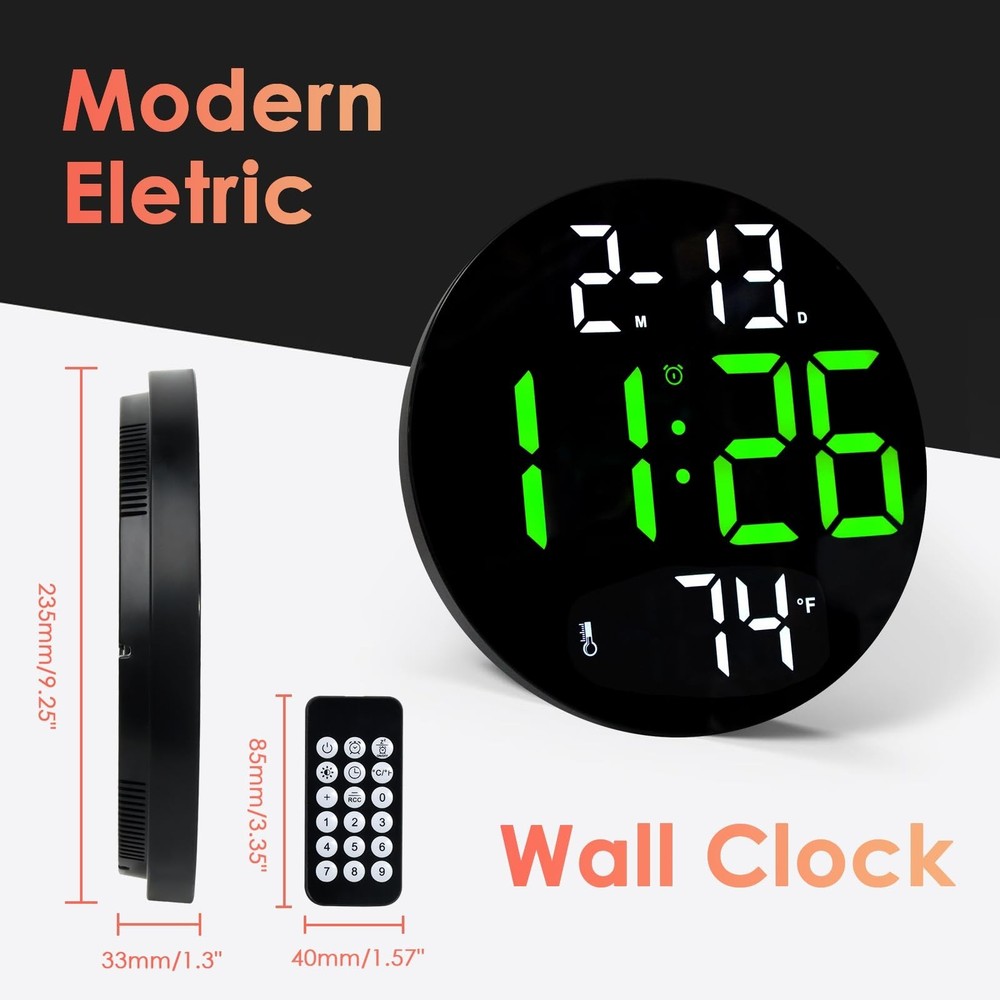 Digital Wall Clock with Large LED Display, 5-Brightness, Temperature, Low-Ref...