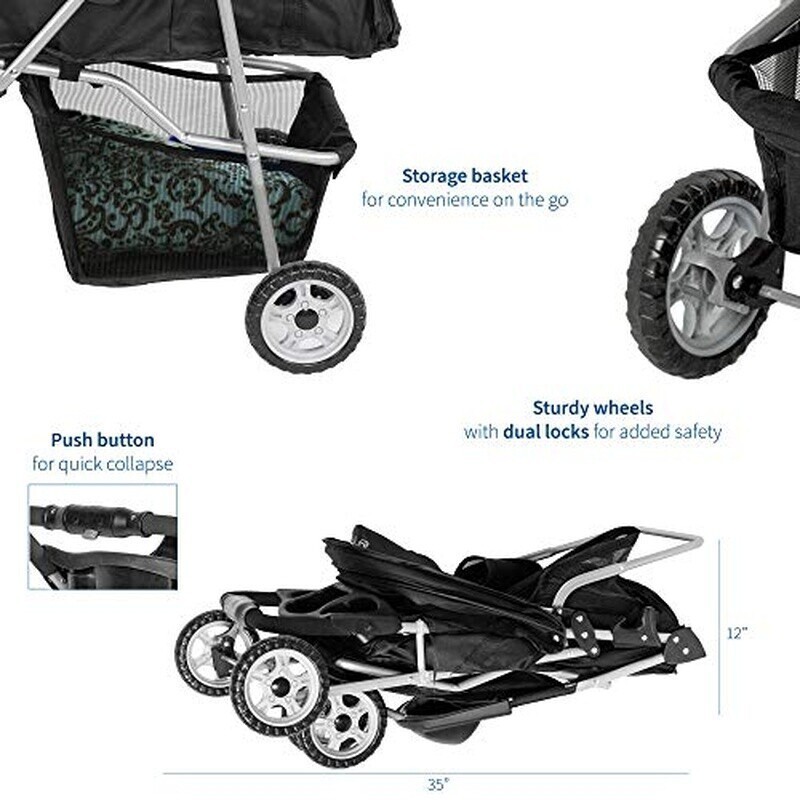 Foldable 3 Wheel Pet Stroller Large Capacity Mesh Windows Storage Basket Black