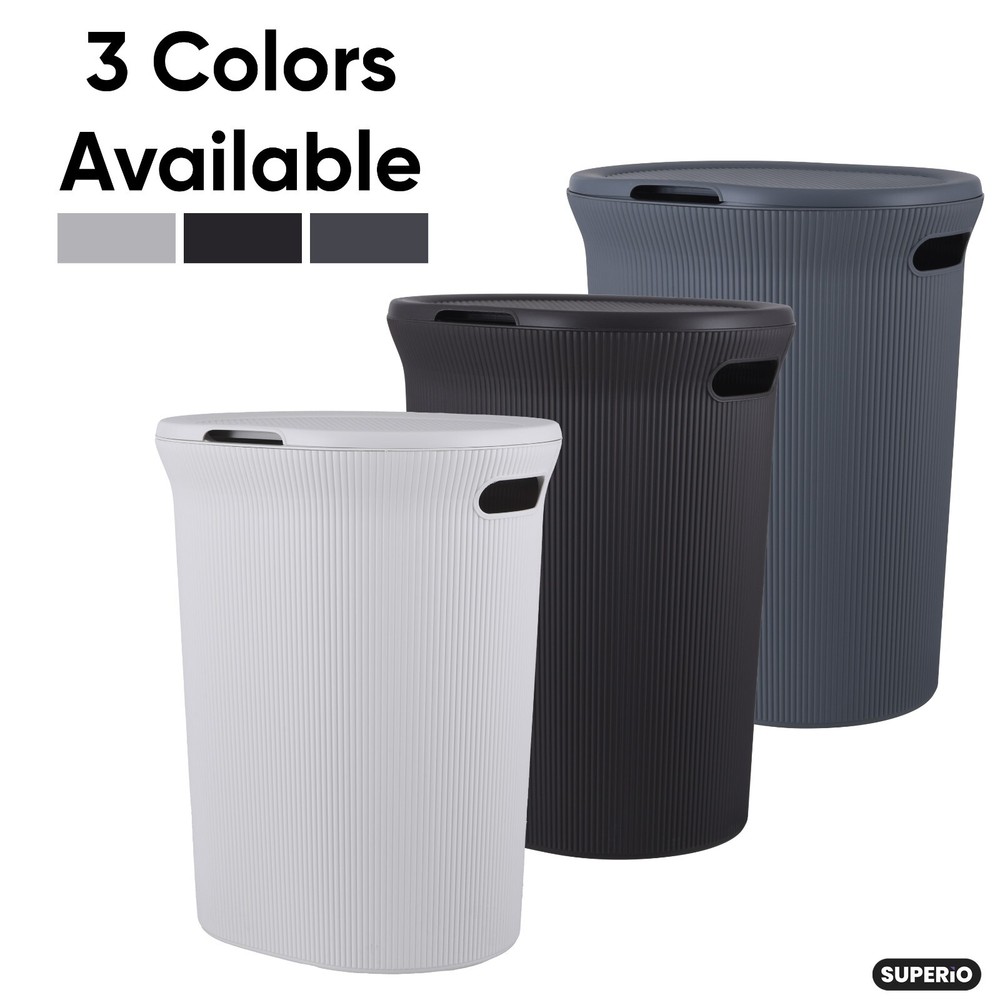 Superio Ribbed Plastic Laundry Hamper with Lid, Elegant-Smoke White