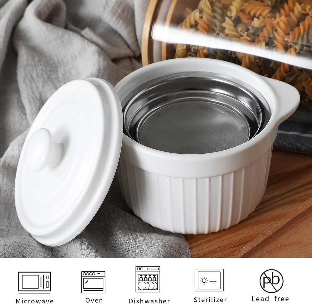 Ceramic Bacon Grease Container Keeper with Strainer, Frying Oil Storage White