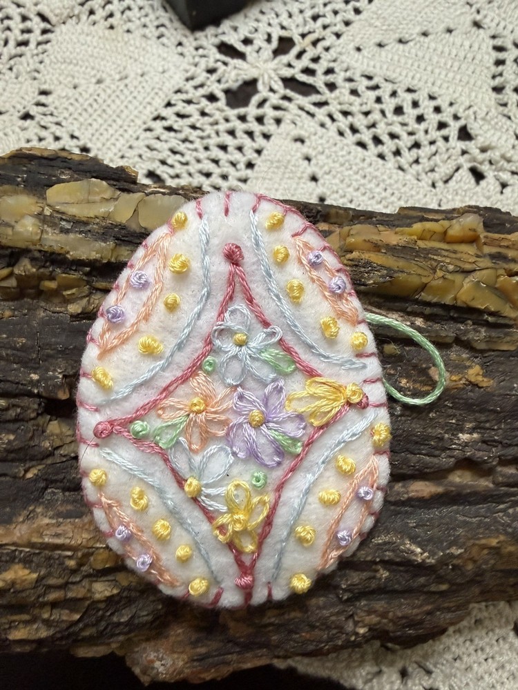 Handmade Embroidered Flowers Easter Egg Ornament Felt Geometric Pattern