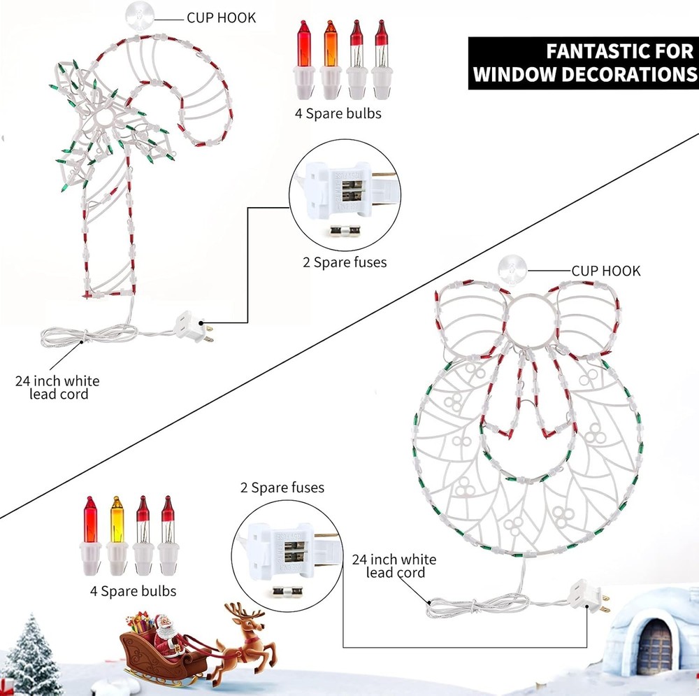 4 Pack Christmas Window Silhouette Lights Decorations, Lighted Wreath, Candy ...