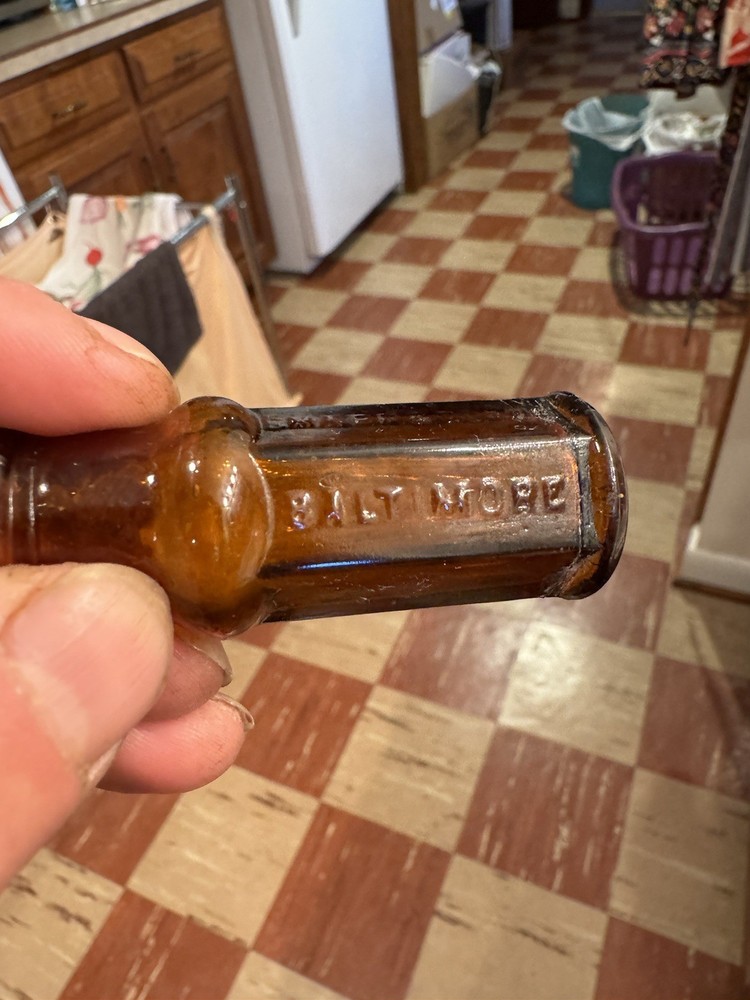 Sharp & Dohme Baltimore MD Small Amber Emb Multi-Sided Poison Bottle 1910s Era
