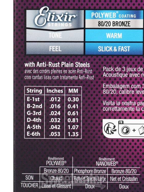Elixir Strings 16539 Nanoweb 80/20 Acoustic Guitar Strings - .012-.053 Light