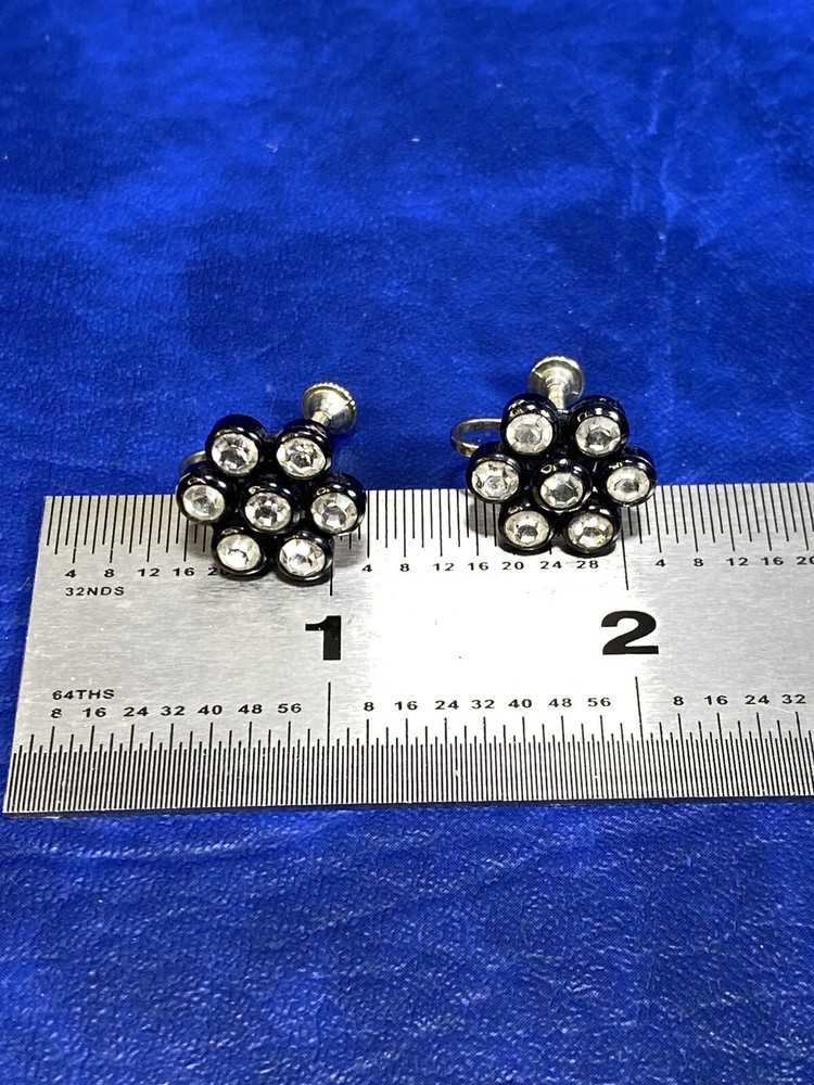 Vtg Unsigned Black Plastic Clear Rhinestone Cluster Screw Back Earrings