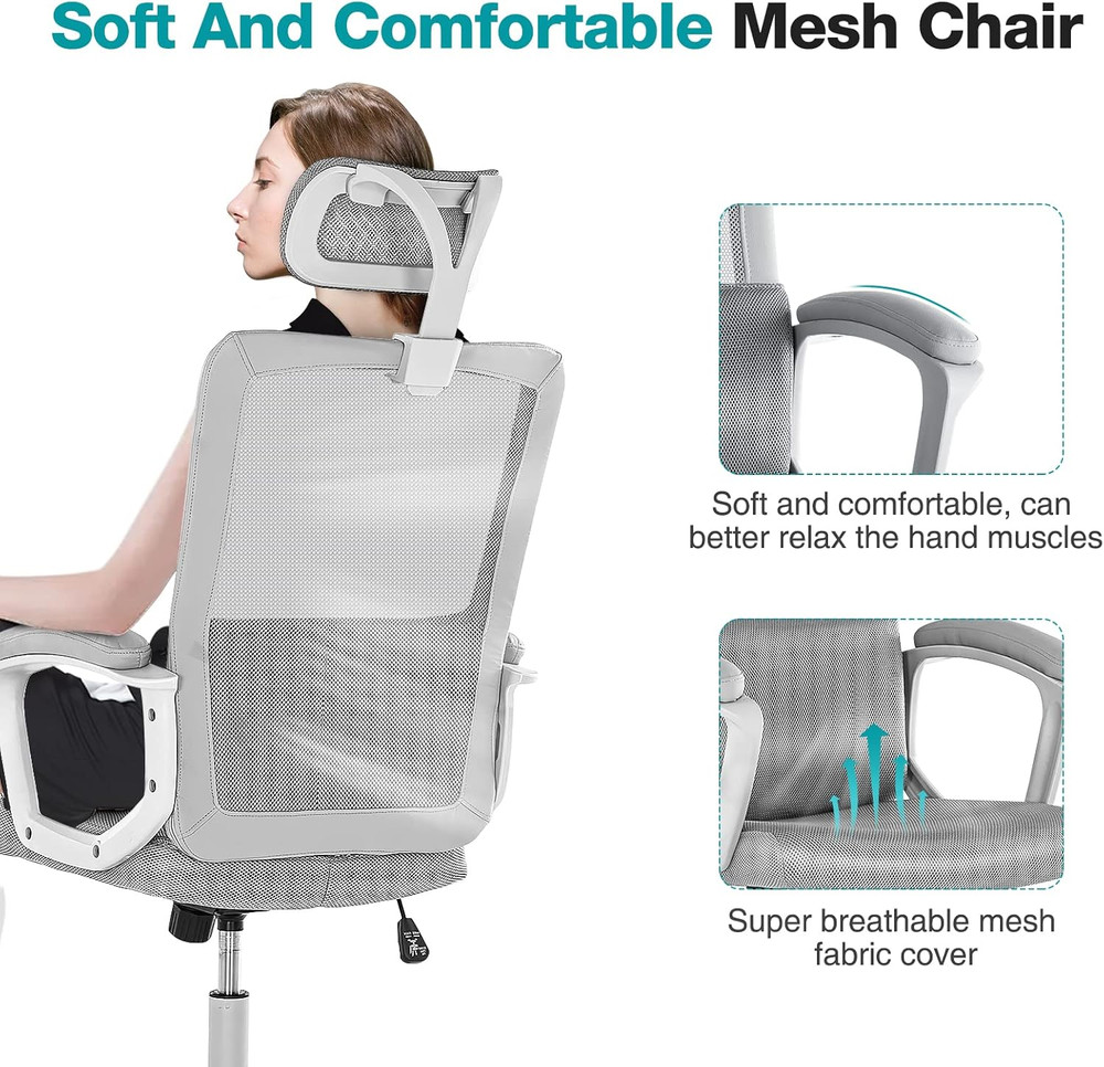 Ergonomic Mesh Office Chair with Adjustable Height & Headrest - Grey