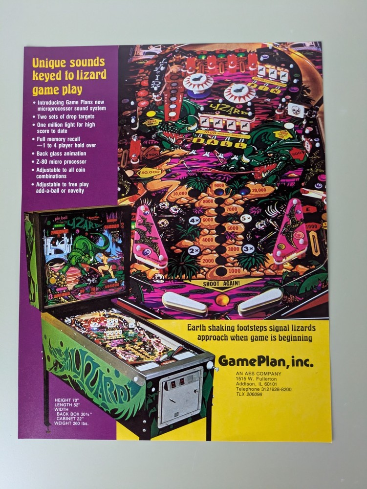 Pinball Lizard Flyer Game Plan Arcade Promo Double Sided Original