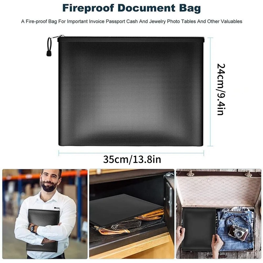 Black Fireproof Waterproof Document Envelope File Folder Cash Pouch Document Bag
