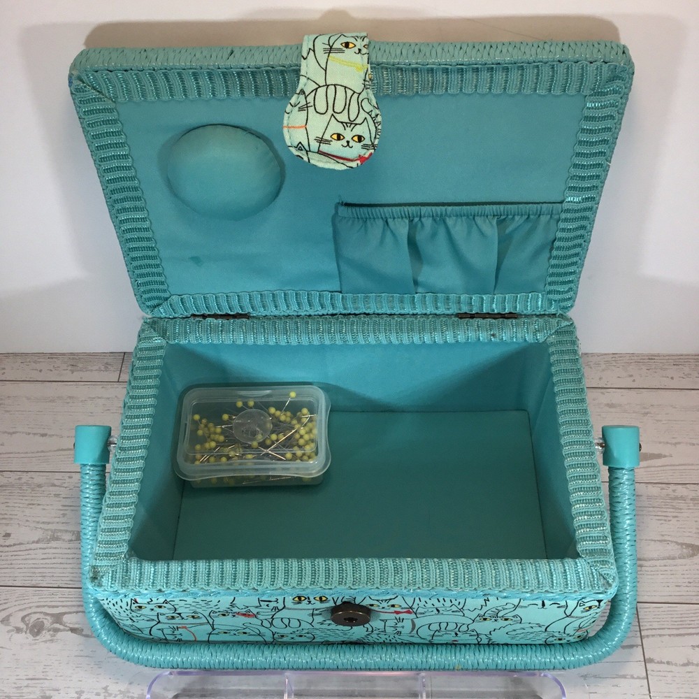 Sewing Box/Basket Light Blue With Cat Print