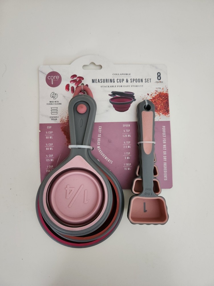 CORE KITCHEN 8pc Collapsible Measuring Cup & Spoons Set, flexible silicone.