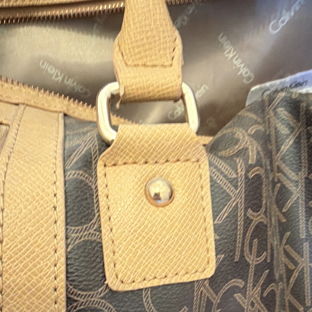 Calvin Klein Logo Print Brown Polyester Duffle Bag Adjustable Straps