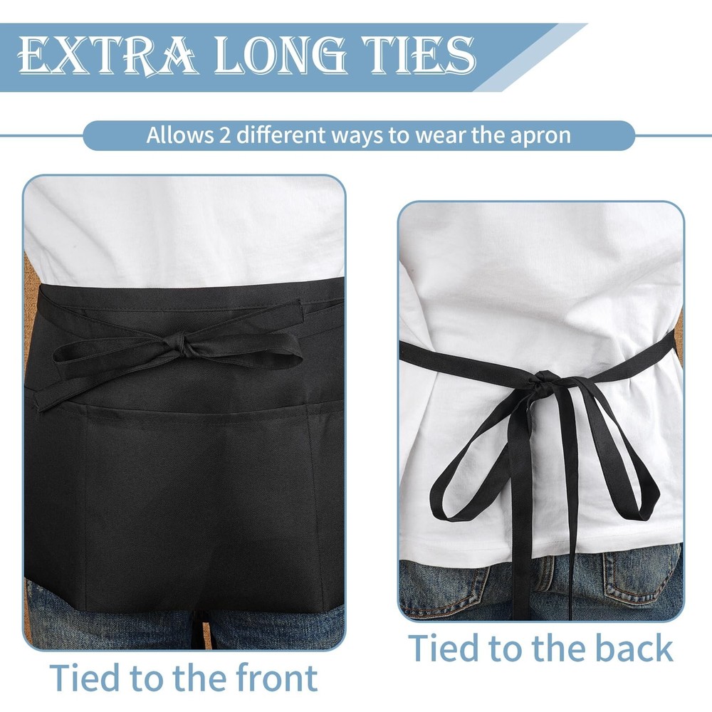 PEASUG 3 Pack Server Apron, Black Waitress Apron with 3 Pockets, Short Aprons...