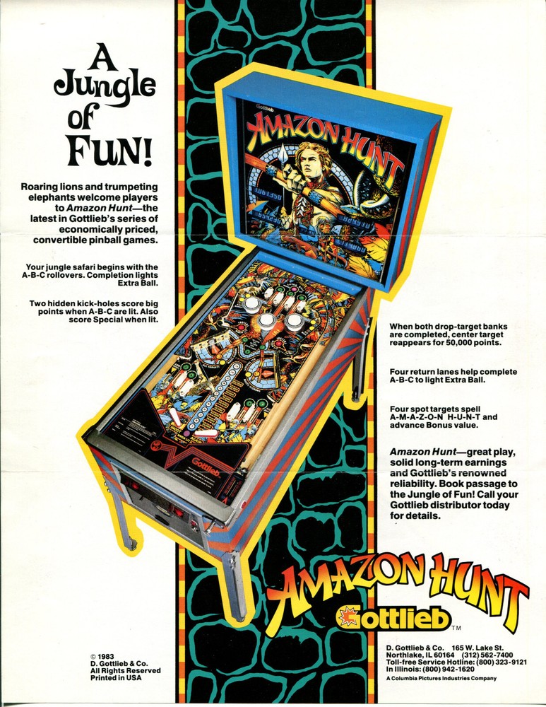 Amazon Hunt Gottlieb Pinball Flyer / Brochure / Ad
