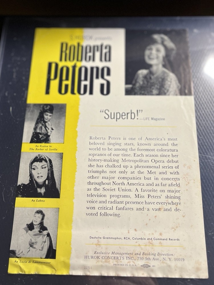 Roberta Peters Metropolitan Opera Singer Signed Cut Sheet w/ COA & Top Loader