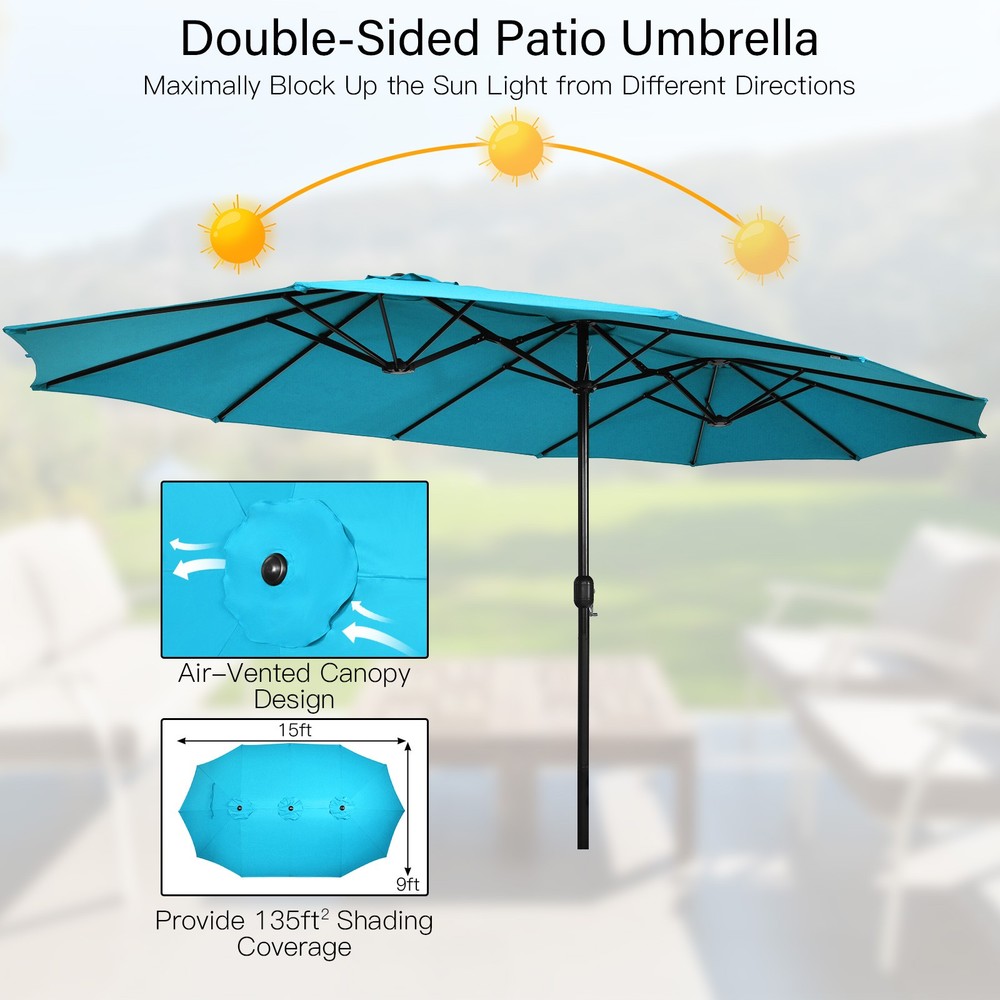 11PCS Patio Wicker Dining Set w/Double-Sided Outdoor Umbrella 8 Stackable Chairs
