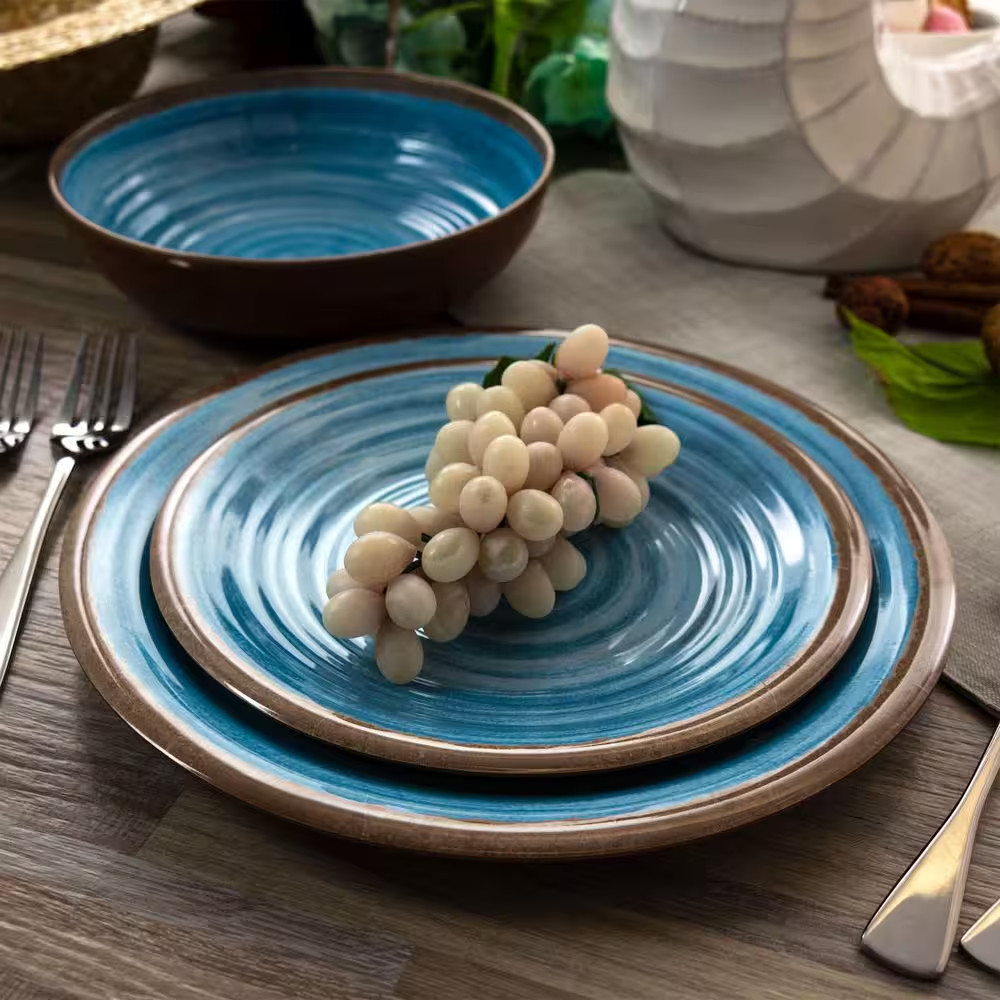 12-Piece Rippled Tides Blue Melamine Dinnerware Set (Service for 4)